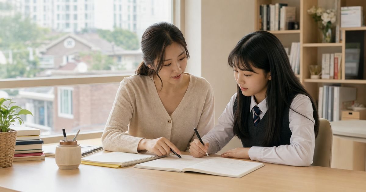 지역 학원에서 여학생과 여자 선생님이 학습 계획을 상담하는 모습