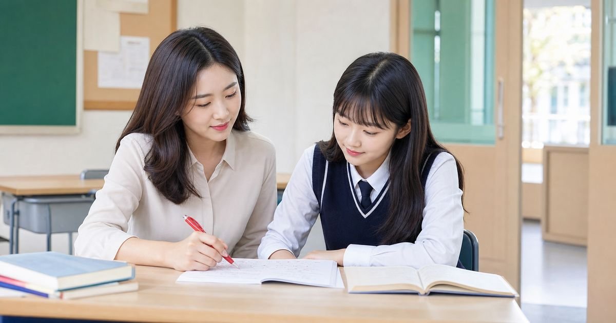 여학생과 여자 선생님이 학교 시험 학습 내용을 점검하는 모습